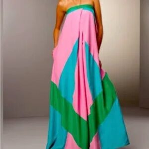 Diane Von Furstenburg Color Block Silk Strapless Maxi Dress with pockets